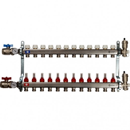 Коллектор из нержавеющей стали STOUT в сборе с расходомерами 12 выходов